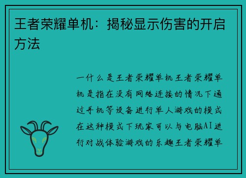 王者荣耀单机：揭秘显示伤害的开启方法